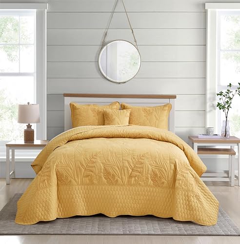 Image of Bedspread oversized Queen 102x118，Beautiful Leaf Stitching，5 PC, Honey Gold