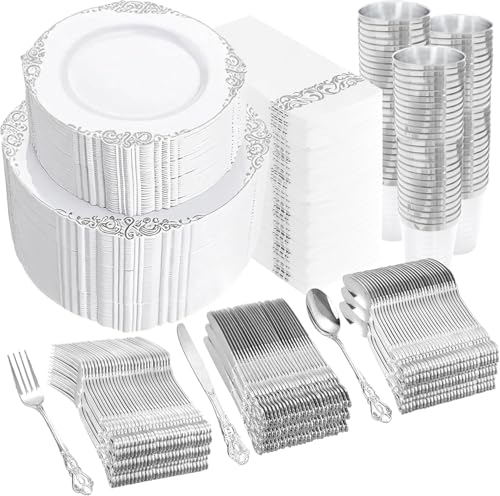 YOUBET 700PCS Silver Plastic Plates - White and Silver Disposable