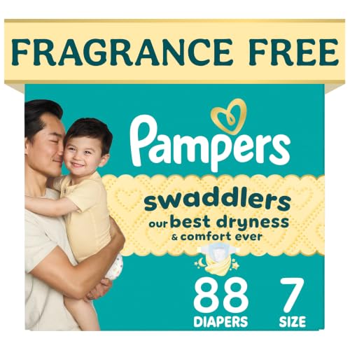 Pampers Swaddlers Diapers, Size 7 (26-50 lbs), 88 Count, Absorbent, Keeps Baby Dry and Comfortable, Skin Safe Disposable Baby Diaper