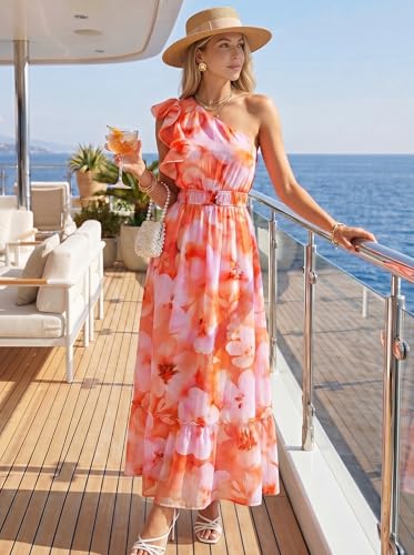 Image of ZESICA Women's 2026 Summer Floral Sleeveless Maxi Dress | One Shoulder, Sleeveless, Ruffle, High Waist, Beach Wedding Guest, Vacation, Graduation, Bridal Shower, Boho Long Dresses