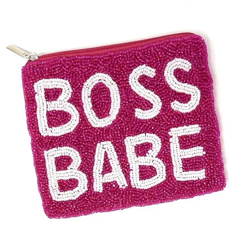 TWINE AND LOVE Boss Babe Beaded Pouch Purse, Pink Beaded Coin Purse, Coin Pouch Small Wallets Card Holder Bag, Boss Babe Card Case Wallet, Birthday Gift, CP0494