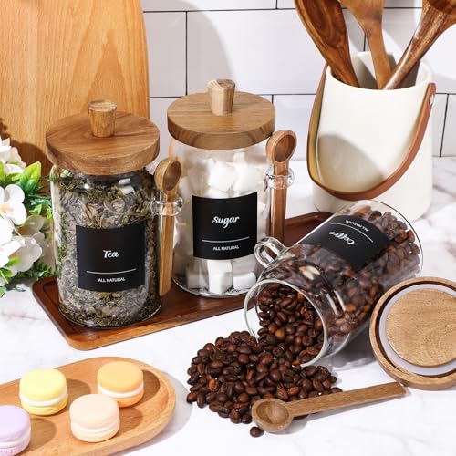 Image of Suclain 3 Pcs Glass Coffee Container Set, 25 oz, Acacia Brown | Coffee Tea Sugar Canister Set, Airtight Jar Food Storage with Wood Spoon Tray Labels, Kitchen Counter Bar Organization