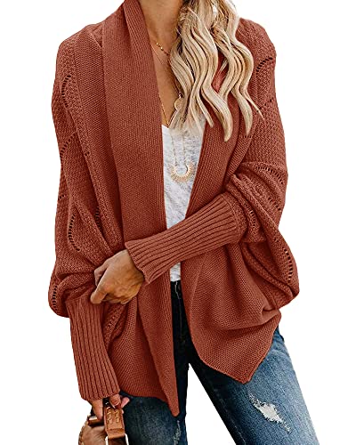 Womens Kimono Open Front Batwing Sleeve Cardigans Oversized Slouchy Shawl Wrap Chunky Crochet Knit Sweater Coats Brick Red