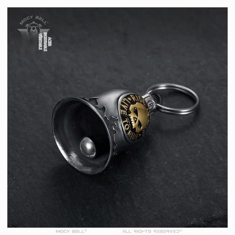 Clochette Moto Skull Ride to Live Porte-Bonheur MOCY BELL Acier Inoxydable Argent Or