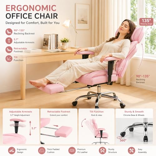 Image of Big and Tall Office Chair 350 LBS, Scratch-Resistant PU Leather Executive Office Desk Chair with Footrest, Ergonomic Reclining Computer Chair with Pocket Spring Support for Home Office, Pink