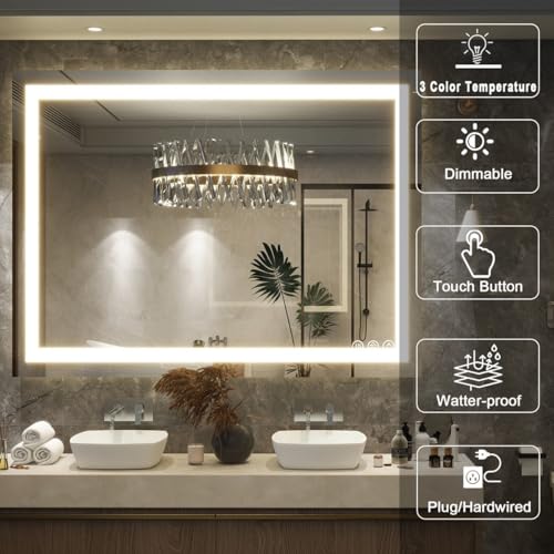 Image of LED Bathroom Mirror with Front Light | 3 Color Modes, Dimmable, Defogger & Memory Function | Modern Vanity Wall Mirror (60X90 CM)