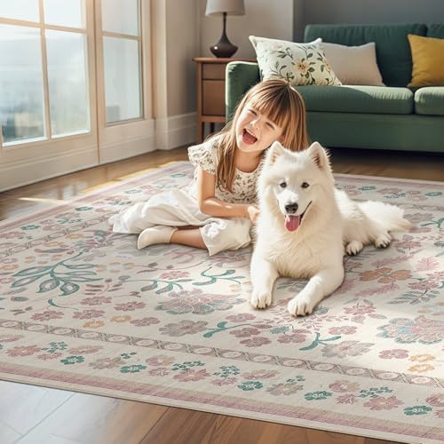 9x12 Area Rug Living Room Rugs - Washable Boho Vintage Floral Large Soft Non Slip Thin Rug Low Pile Carpet for Bedroom Dining Room Kids Playroom Office Decor Indoor - Pink