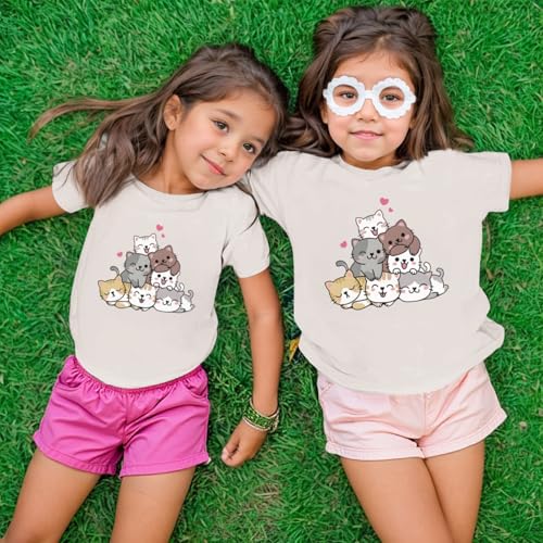 Image of KEEVICI Cute Cartoon Cat Shirts for Girls Kids Graphic Tees Kawaii Animal Pattern T Shirt Cotton Crewneck Summer Loose Tops