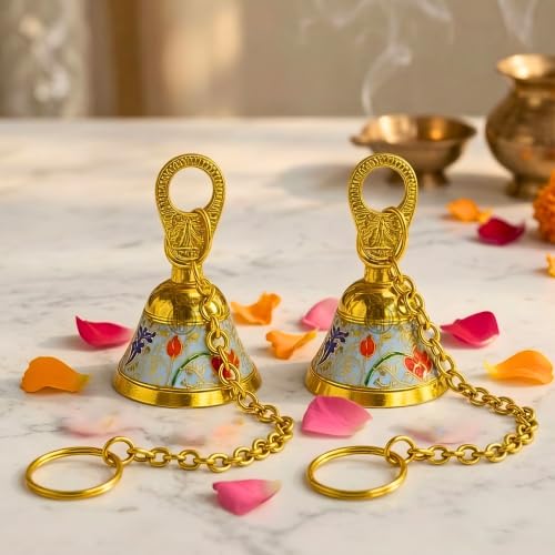 Image of DSH Pure Brass Pooja Room Hanging Bell with Chain Set of 2, for Temple Mandir Home Decorative Bell (Sky Blue)