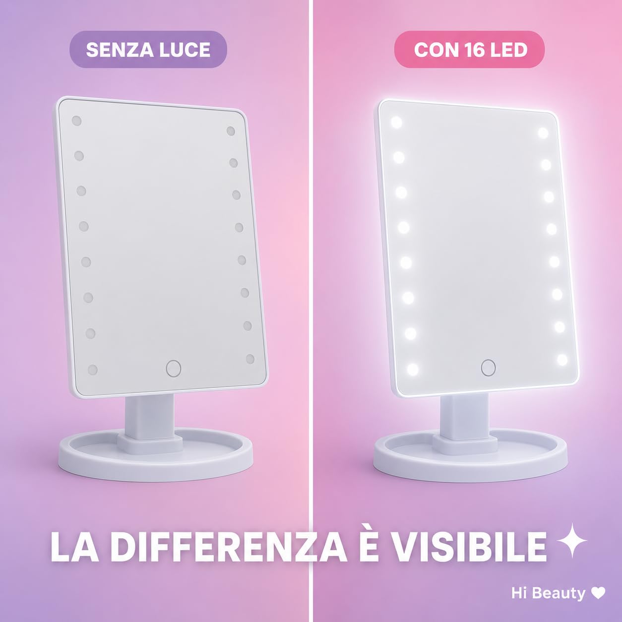 Specchio Trucco LED Rettangolare Inclinabile 180° – Luce Fredda Dimmerabile Touch, Specchio da Tavolo con Base Porta Accessori – 26,5 x 17 x 12 cm – Bianco