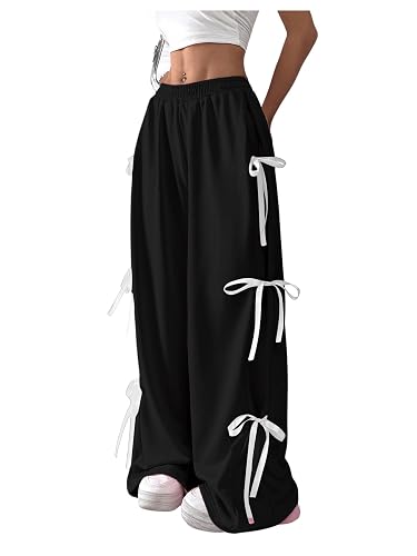 Verdusa Women's Baggy Sweatpants Elastic Waist Casual Bow Wide Leg Pants with Pocket Y2K Going Out Travel Pants