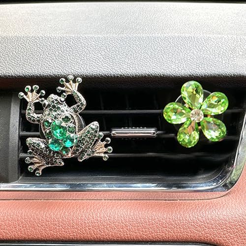 Image of 2 Pack Car Vent Clip Bling Car Accessories,Crystal Frog and Flower Car Vent Clip Air Freshener,Car Diffuser Vent Clip Diamond Car Decoration Car Essentials for Women (Green)