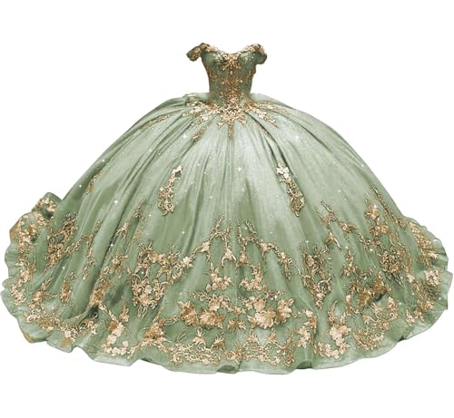 Mouccy Luxury Gold Lace Quinceanera Dresses Beaded Tulle Sweet 16 Dress with Train Sequin Vestidos De 15 años Quinceañera