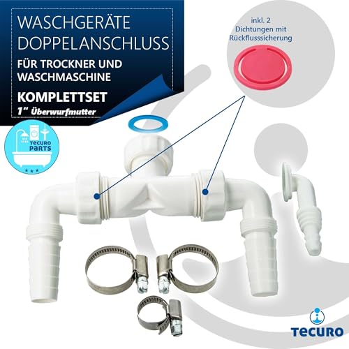 tecuro Doppelanschluss für Trockner und Waschmaschine, 1 Zoll ÜWM, inkl. Dichtungen und Schlauchschelle, Rückflusssicherung, Kunststoff