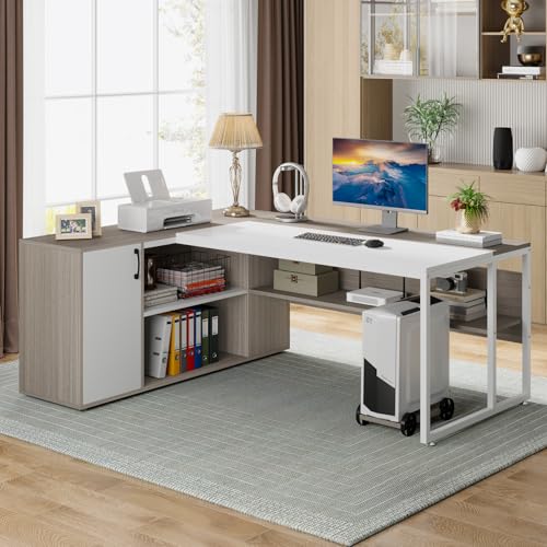 Image of Tribesigns 71 inch Executive Desk, L Shaped Desk with Cabinet Storage, Executive Office Desk with Shelves, Business Furniture Set Workstation for Home Office, Gray and White