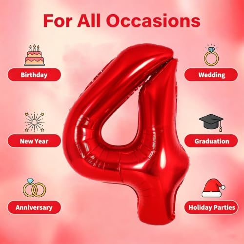 Image of Number Balloons Red Party Balloon - 40 Inch Large Number 4 Balloon, Numbers Balloon Birthday Decorations, Red Party Supplies for Anniversary