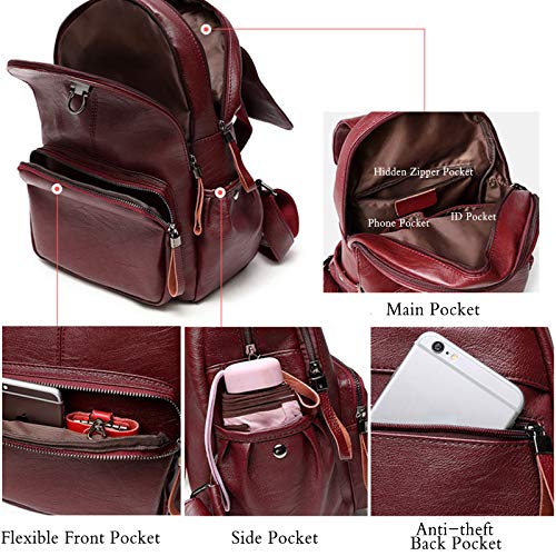 Genuine Leather Backpack Women Fashion Daypack Ladies Waterproof Rucksack for Work Shopping Travel Knapsack Winered3