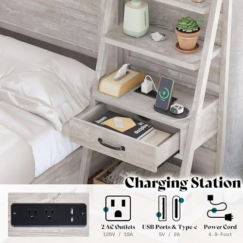 Image of AMERLIFE Full Size Farmhouse Bed Frame with Storage Headboard, 4-Tier Bookshelf Platform Bed with Charging Station, 2 Drawers, Noise-Free Wood Bed, No Box Spring Needed, Rustic White