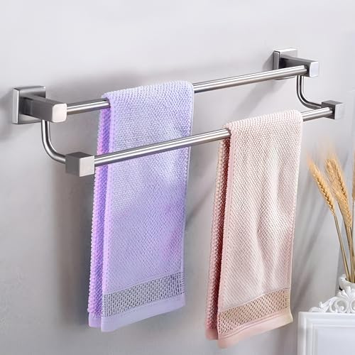 Image of iBELL Stainless Steel Towel Rod 57 cm | Wall-Mounted Double Rail Napkin Holder | Multipurpose Hanger Storage Stand | Bathroom & Kitchen Accessories | Corrosion and Scratch Resistant Towel Rack