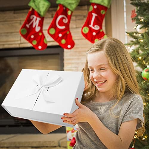 Luxury Gift Box with Ribbon,Folding Gift Cardboard Box for Presents with Lid Shredded Paper and Cards Presents Packaging Decorative Gift Boxes Folding Gift Boxes for Present 26.5 x 19 x 8cm (White)