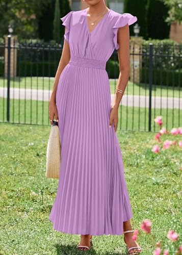 Image of KIRUNDO Women's Summer Maxi Dresses Elegant V Neck Ruffle Flutter Sleeves Empire Waist Pleated Flowy Wedding Guest Dress