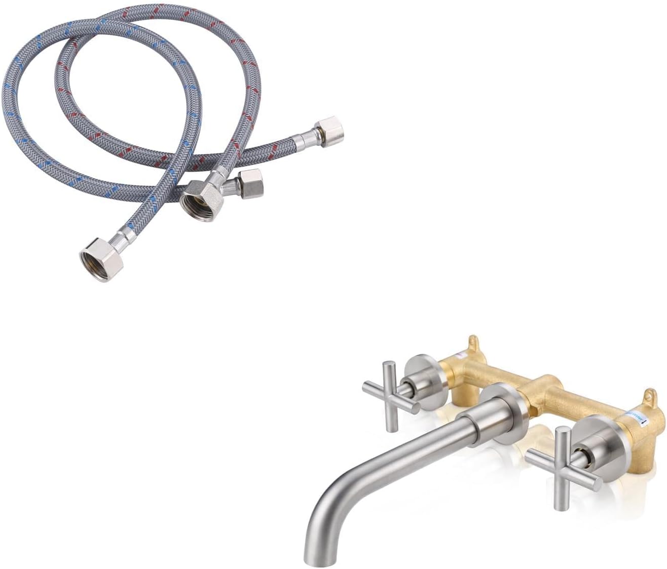 12 Inch 3/8" x 1/2" Faucet Supply Line and Brushed Nickel Wall Mount Bathroom Faucet