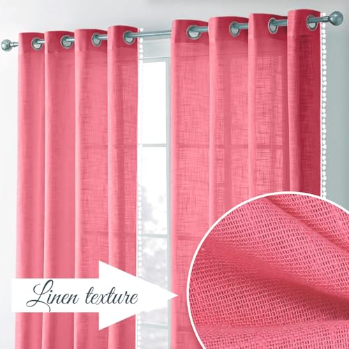 Image of THE LINEN COMPANY Cotton Sheer Grommet Curtains with Side Border Pompom Sheer Curtain for Window Linen Textured, Light Filtering, Pack of 2 (Pink, 5 Feet)