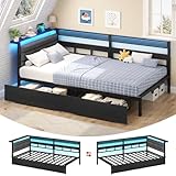 KIMENICH Polsterbett Schlafsofa 90x200 mit LED-Beleuchtung, Ladestation, Tagesbett, Jugendbett mit 2 Schubladen und Lattenrost aus Metall, Gepolstertes Kopfteil mit Offener Ablage, Schwarz