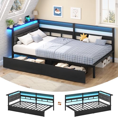 Canapé Lit 90x200 avec Éclairage LED et Multiprise, Cadre de Lit en Métal avec Étagère Ouverte et 2 Tiroirs sous le Sommier 90 x 200, Lit Enfant 90x200...