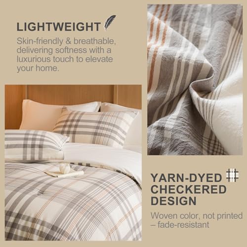 Image of 100% Cotton Comforter Set Full Size - Reversible Yarn-Dyed Checkered Design, Soft Washed Cotton on Both Sides, Lightweight All-Season Bedding, Machine Washable(Grey White Plaid, 80 inchx90 inch)