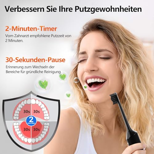 Elektrische Zahnbürste, Schallzahnbürste, Leise Zahnbürste Elektrisch Mit 3 Intensitäten 5 Modi, 40000VPM, IPX7, Zahnbürste Mit 180 Tagen Akkulaufzeit Und Timer, Ritter Schwarz