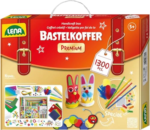 Lena 42663 Premium XXL Bastelkoffer mit 1300 Teile, Material zum Basteln, mit Moosgummi, Buntpapier, Perlen, Blumen, Pompon, Bänder, Knöpfe, Kulleraugen und vielem mehr, für Kinder ab 5 Jahre, Mittel