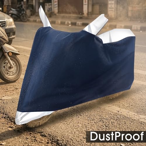 Image of Auto Hub Bike Cover Compatible with Bajaj Pulsar 150 with Mirror Pocket, Dustproof, Heat Resistant, Triple Stitched, Pulsar 150 Bike Cover- Navy, Silver