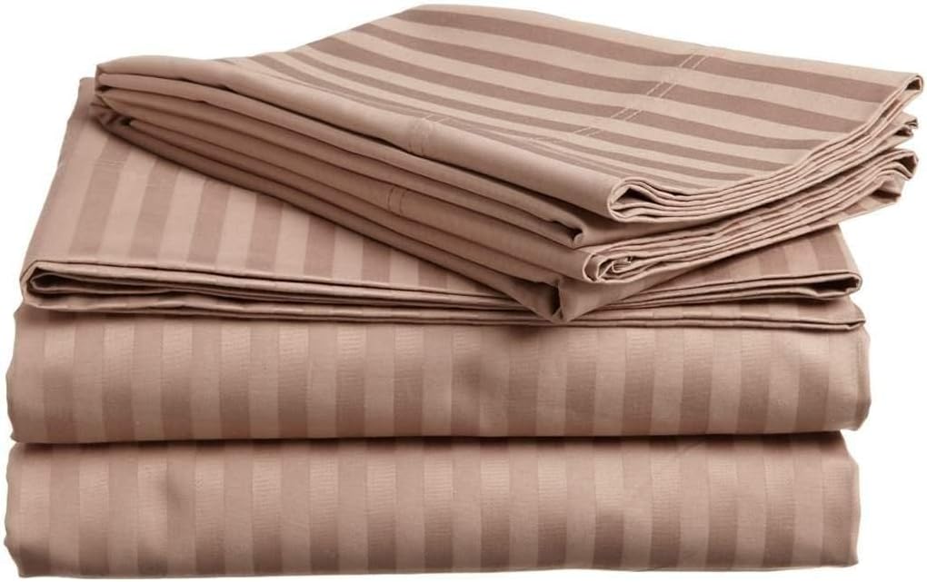 600 Thread Count Luxury Soft Egyptian Cotton 6-Piece Bed Sheet Set (1 Fitted, 1 Flat, 4 Pillowcase) Fits Upto 21-24” Deep Pocket (Queen Size, Taupe Color) Stripe Pattern
