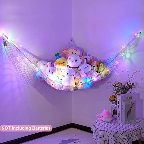 Fiobee Stuffed Animals Net Or Hammock, Stuffed Animals Storage Holder Toy Hammock Organizer Hanging With Led Light Photo Clips For Nursery Play Room Kids Bedroom Pack Of 2 #TOP3