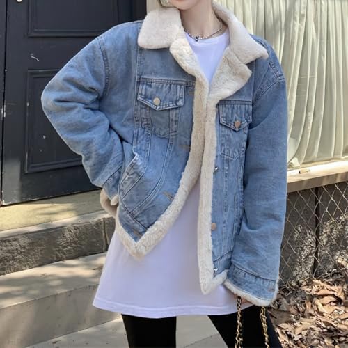 chouyatou Women's Reversible Warm Sherpa Notched Collar Jean Jacket Faux Fur Denim Coat Trucker Jacket3