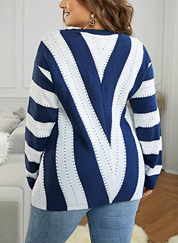 Image of FEKOAFE V Neck Sweater Striped Long Sleeve Knit Pullover Sweaters for Women