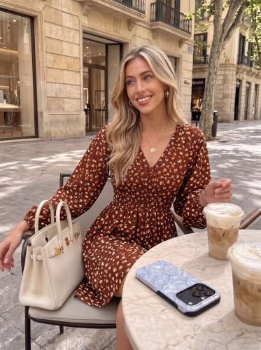 Image of Dokotoo Womens Dresses Boho Floral V Neck Long Sleeve Smocked Elastic Waist Casual A-Line Mini Dress Sundress