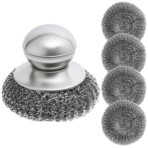 Steel Wool Scrubber with Handle, 5Pcs Stainless Steel Scrubber Set, Metal Pan & Pot Cleaner for Cast...