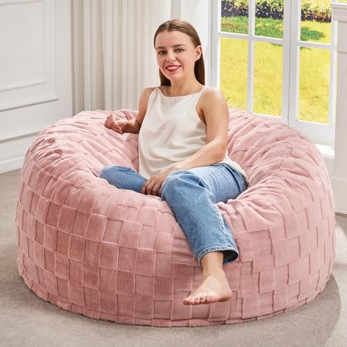 Image of Hobestluk Large Bean Bag Chairs 3FT Big Adults BeanBag Chairs Plaid Cover | Memory Foam,Washable Cover,Unique Fluffy Plaid,Comfy Adults Bean Bag with Filler Gaming Reading Bedroom Dorm Room | Pink 3FT