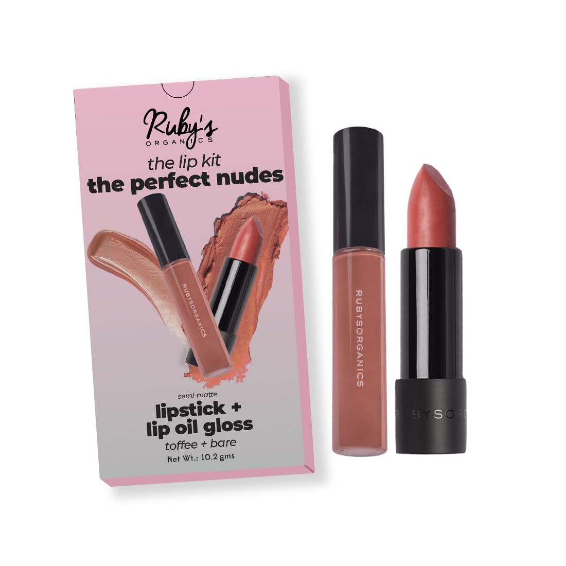 Ruby's Organics Lip Beauty Gift Kit- The Perfect Nudes Combo Pack of Lipstick & Lipgloss, Moisturizing, Long Lasting, Non Sticky & Non Drying, Glossy Texture, Natural Lip Makeup - Bare and Toffee