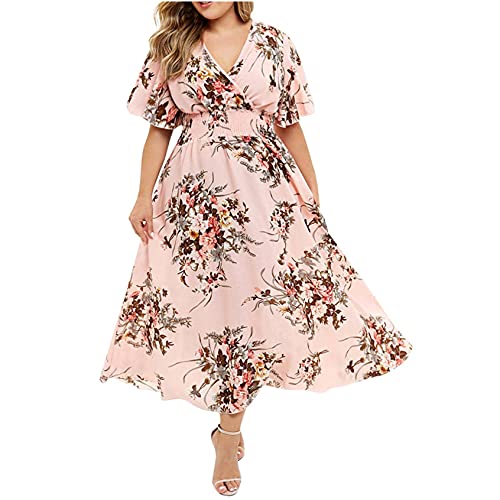 Plus Size Dress for Women, OutTop Spaghetti Strap Sleeveless Boho Flower Print Loose Asymmetrical Long Maxi Dress (D-Pink, XXXL)