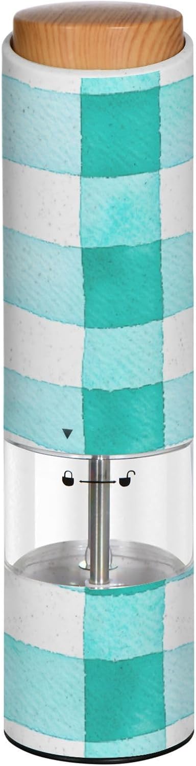 ALAZA Electric Pepper Grinder with Adjustable Coarseness, Teal Check Watercolor Pattern Battery Automatic Salt and Pepper Mill with Led, One-Handed Operation Spice Grinder for Kitchen, Camping & BBQ