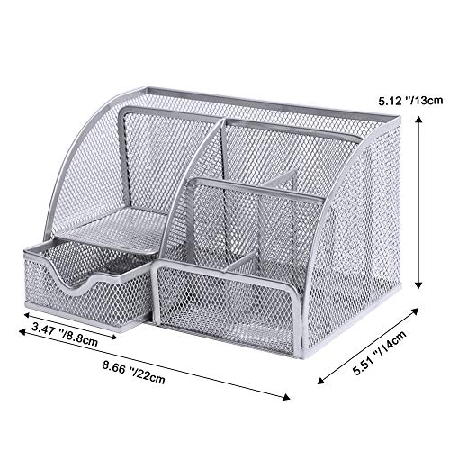 OKPOW Organisateur de Bureau, Organisation Bureau Metal Rangement Bureau Organisateur avec Tiroir pour le Bureau à Domicile 22 * 14 * 13cm, Argent