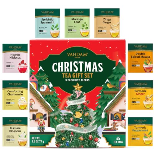 VAHDAM, Limited Edition Christmas Tea Gift Set | 45 Tea Bags, 9 Flavors - Holiday Gift Box | Christmas Presents For Women, Men Christmas Gift Set