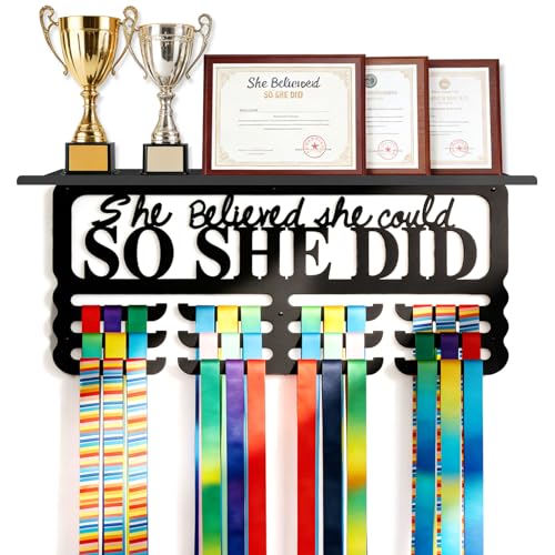 Monlyey Medal Hanger Display with Trophy Shelf - Metal Awards Rack for Walls Holds 60+ Sports Medals Medal Holder Awards Trophy Display