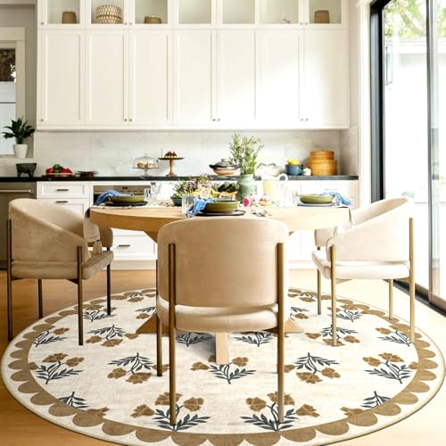 Othilic Beige Boho Round Rug 5ft - Soft Washable Floral French Country Scalloped Circle Rug for Bedroom Non Slip 5x5 Stain Resistant Round Area Rug for Living Room Dining Room Kids Room Playroom Foyer by Othilic - Used condition - Image 5
