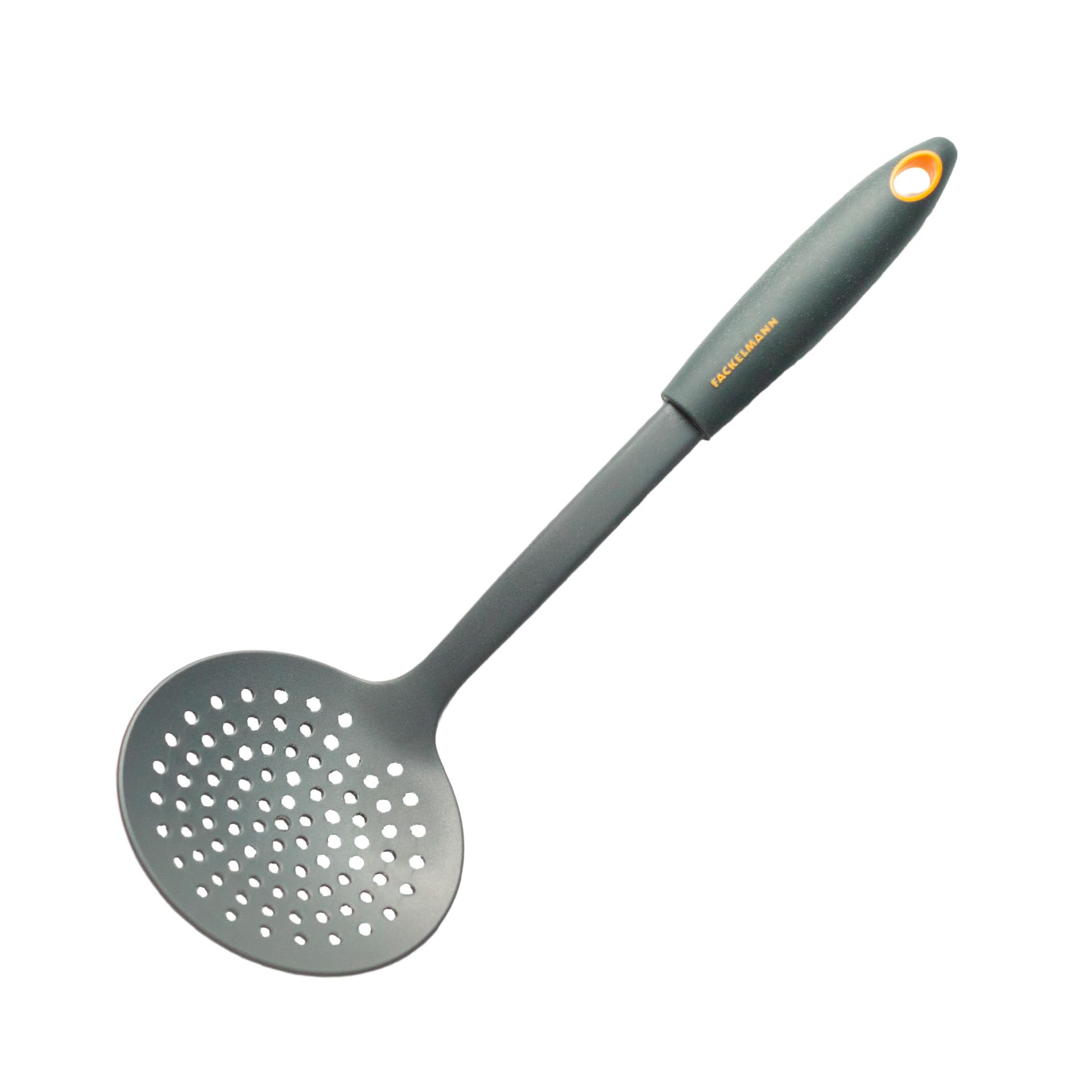 Fackelmann Espumadera Soft de Nylon para Fritos con Mango Antideslizante, Apto para Sartenes y Ollas con Recubrimiento Antiadherente, Color Gris y Naranja, 32X10,5 cm, 1 ud.