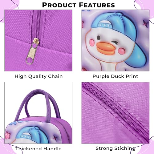 Image of Kraptick Compact & Stylish Design Printed Tiffin Bag for Children Insulated Lunch Bag for Kids Perfect Leakproof Keeps Hot and Cold Lunch Bag for School (Purple Trendy Cool Duck)