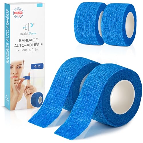 Health Press® Pansement Doigt Auto-adhésif – 4 Rouleaux Bleu (2,5cm x 4,5m) | Bandage Élastique de Fixation | Bande Résistante à la Poussière, à la Graisse et à la Saleté pour Doigts